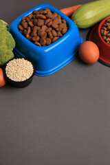 Dry pet food and products on black background, space for text