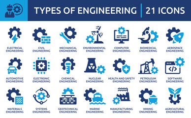 Engineering icon set. Containing electrical engineering, mechanical, civil, environmental, manufacturing, electronic, computer, health and safety icons. Solid icon collection. Vector illustration.