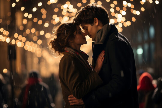 Romantic couple embracing under vibrant New Year's Eve lights - love and celebration, valentine's day
