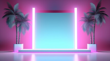 Abstract tropical announcement stand composition with neon lighting. AI Generation 