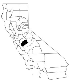 Map of merced County in California state on white background. single County map highlighted by black colour on California map. UNITED STATES, US