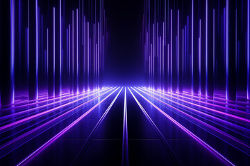 Accelerating Innovation, 3D Abstract Neon Background with Glowing Ultraviolet Vertical Lines
