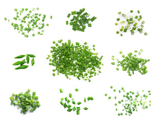 Collage of chopped green onion on white background