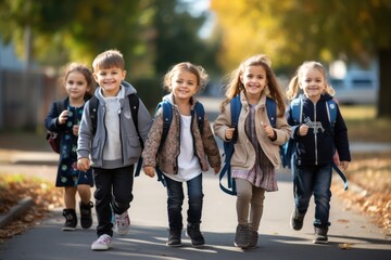 Obraz premium Group of Young Students, First Graders, Walking Together to School with Backpacks