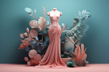 Statue of model mannequin Isometric pastel 3D fashion models and haute couture surrounded by lush greenery, wearing botanical-inspired couture, rendering for high quality realistic visuals 3D fashion.