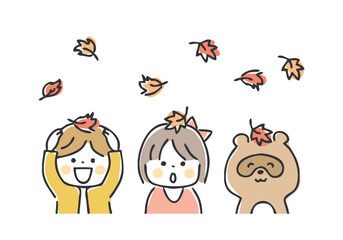 Obraz premium 紅葉と子供とたぬきのイラスト