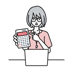 座ってデスクでノートPCを開いて電卓を指差してこちらに向けて見せている教師の女性