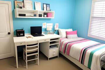 College students bedroom with laptop and desk for study. Preppy style