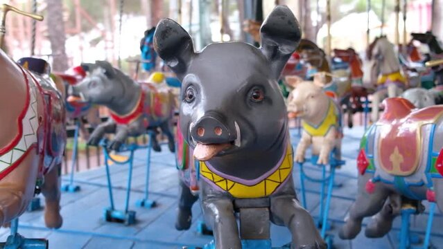 Carousel with horses by Herschell Spillman and pigs by Gustave Bayol