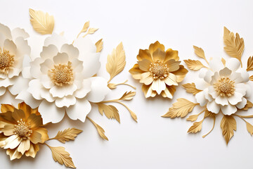Paper cut golden color flowers and leaves, Fresh spring nature background. Floral banner, poster, flyer template with copy space.