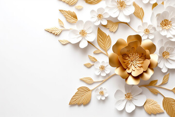 Obraz na płótnie Canvas Paper cut golden color flowers and leaves, Fresh spring nature background. Floral banner, poster, flyer template with copy space.