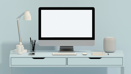 Pastel blue monochrome minimal office table desk. Minimal idea concept for study desk and workspace, frame photo. Mockup template, 3d rendering	
