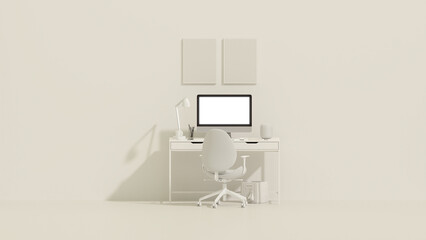 White and beige monochrome minimal office table desk. Minimal idea concept for study desk and workspace, frame photo. Mockup template, 3d rendering	
