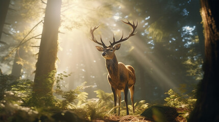 ultra-realistic close shot of a dear in the forest - misty morning - Powered by Adobe