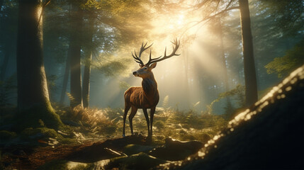 ultra-realistic close shot of a dear in the forest - misty morning