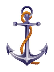 Nautical anchor with rope vector cartoon illustration. Vintage ship anchor isolated on white