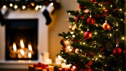 Fototapeta na wymiar Christmas decorations and a fireplace, generative ai