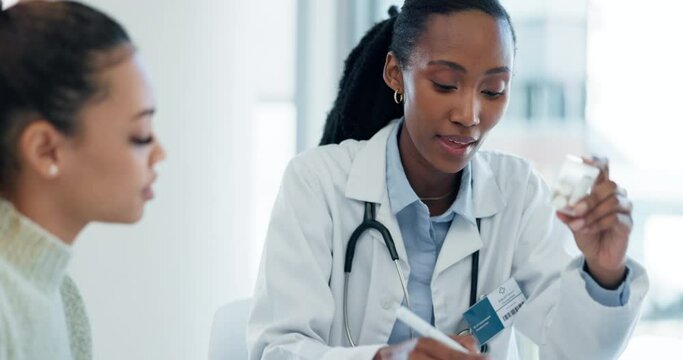 Doctor, client and black woman writing pills prescription for health support, recovery or healthcare recommendation. Notepad, consultation and person explain product, supplements or medicine dosage
