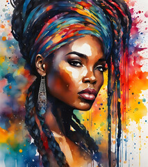 Beautiful portrait of a black woman in watercolor style made with AI