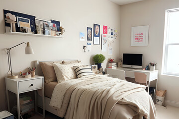 Modern college students bedroom with computer, messy blanket and desk for study. Stylish beige style