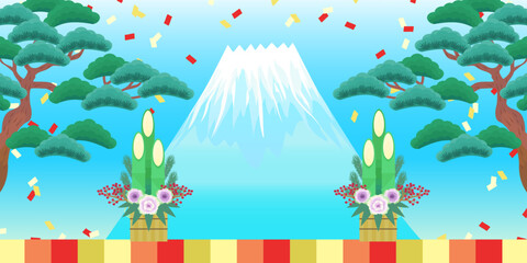 新年 バナー ベクター  ( 背景イラスト,ポスター,フレーム,和風,富士山,松,門松,1:2,コピースペース)