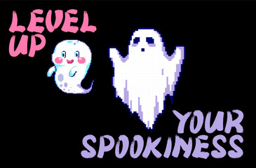 Halloween Pixel Art Ghost Level Up Print with Funny Quote for Retro Gaming Event, Halloween Party Pattern or 90s Video Game Design. Geek Vector Background.