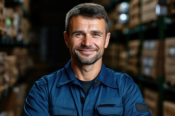 Obraz premium Portrait of a Caucasian man in a blue work uniform working in a warehouse