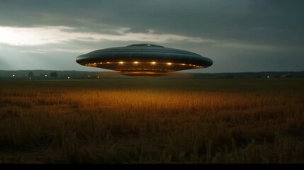 Fototapeta na wymiar Fantastic dramatic image. UFO or alien spacecraft inspect grass field with bright spotlight. cool
