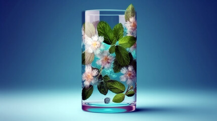 Mint julep in glass on the blue background. cocktail made of sparkling water