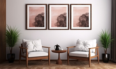 three framed images on the wall of a living room, Art deco Modern Interior Design Style