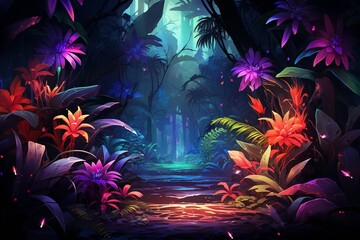 Neon Rainforest Rhythms in The Jungle in The Style of Low Poly Art. Creted with Generative AI Technology - obrazy, fototapety, plakaty