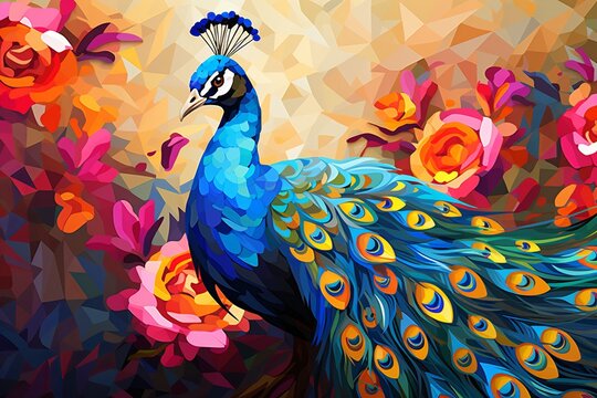 Peacock Pride in The Style of Low Poly Art. Creted with Generative AI Technology