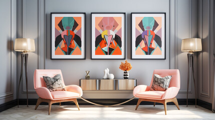 three pieces of art in front of two pink chairs, Art deco Modern Interior Design Style