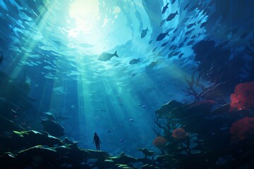 Fototapeta premium Underwater Euphoria in The Style of Low Poly Art. Creted with Generative AI Technology