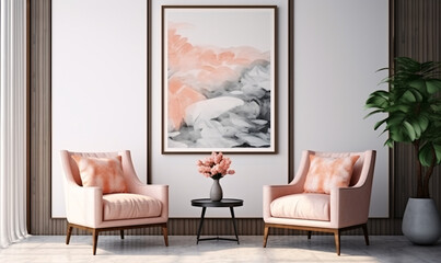 a modern interior with pink furniture and a big art piece, Art deco Modern Interior Design Style
