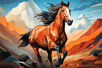 Wild Horse Gallop in The Style of Low Poly Art. Creted with Generative AI Technology