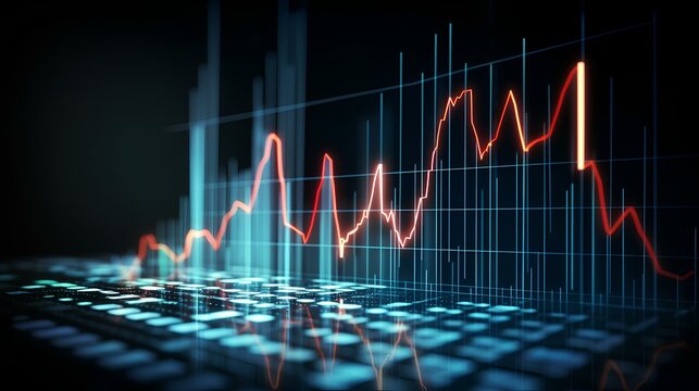 Business chart with uptrend line graph, bar chart and stock numbers in bull market on white and blue color background. generative AI