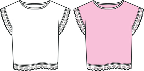 Broderie embroidery detailed dress t shirt designs, fashion collections for girls, Decorative embellishment. Embroidered garment design templates. Broderie anglaise embroidered dress design vector
