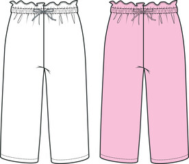 Casual Pants Design for Girls, technical drawing of trousers with elastic waist, vector illustration, Pink Pants, isolated fashion illustrations