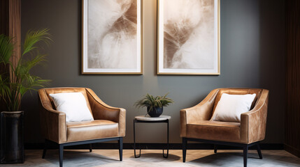 two leather chairs with two artworks around them on a grey ceiling, Art deco Modern Interior Design Style