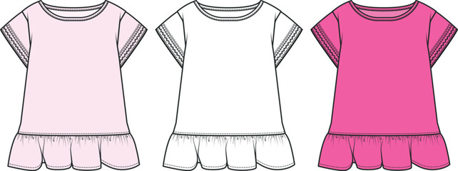T-Shirt Design for Girls, Tee Shirt Flat Sketch Vector Template, Fashion Flat Sketch, apparel template, Black and White vector for clothing, pink white collection