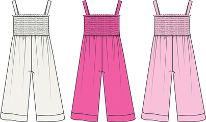 Jumpsuit Design Template, Jumpsuit Dress Technical Drawing, Vector Illustration Perfect for Spring and Summer. Jumpsuit Fashion Flat Sketch for Girls, pink white collection