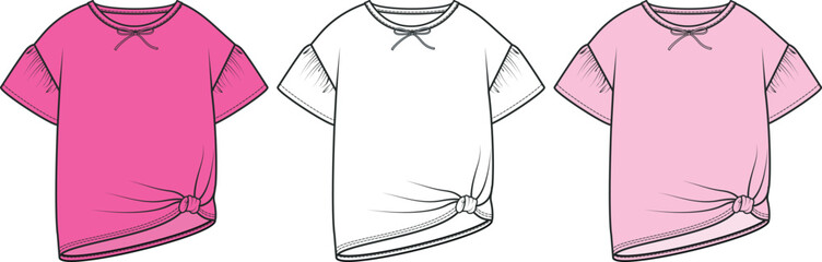 T-Shirt Design for Girls, Tee Shirt Flat Sketch Vector Template, Fashion Flat Sketch, apparel template, Black and White vector for clothing, pink white collection