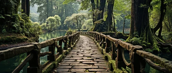 Foto auf Acrylglas Straße im Wald a forest with a wooden bridge.
