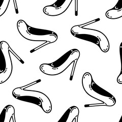 High heels seamless vector pattern. Beautiful vintage shoes for stylish girls and women. Fashion footwear. Accessory for a party, wedding, date. Simple doodle, outline. Black and white background