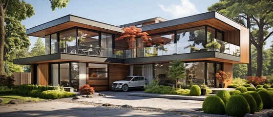 modern home with two stories, a garage, and a driveway.