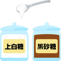 ガラス容器に入った上白糖と黒砂糖