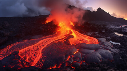 Fototapeta premium Illustration of a volcanic eruption with lava flowing down the slopes.