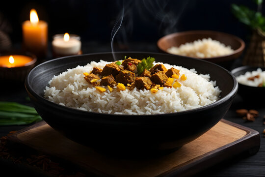 Sri Lankan rice and meat curry dish- Sri Lankan Traditional food with smoking. 