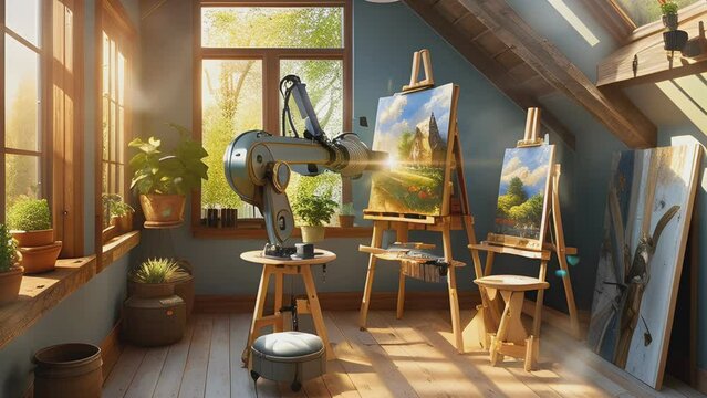 robotic arm machine with AI technology that draws paintings on a canvas. Cartoon or anime illustration style. seamless looping 4K time-lapse virtual video animation background.